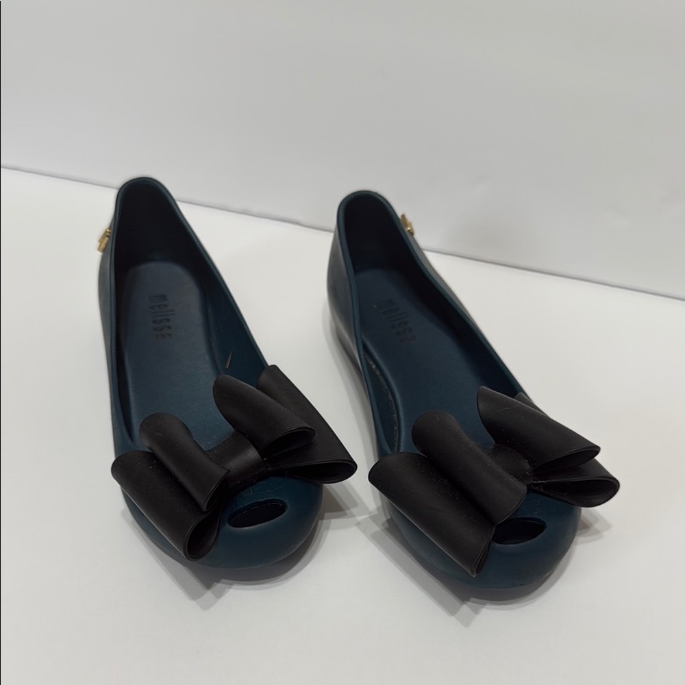 Melissa Kids Teal Ballet Flats Black Bow Jelly Size 11